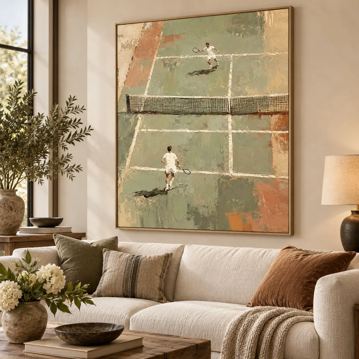 The Baseline Exchange above a sofa with rust cushions near a window and tall lamp