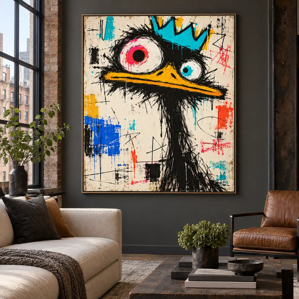 The Bird with Unequal Eyes: artwork above a cream sofa beside an exposed brick window and brown leather chair