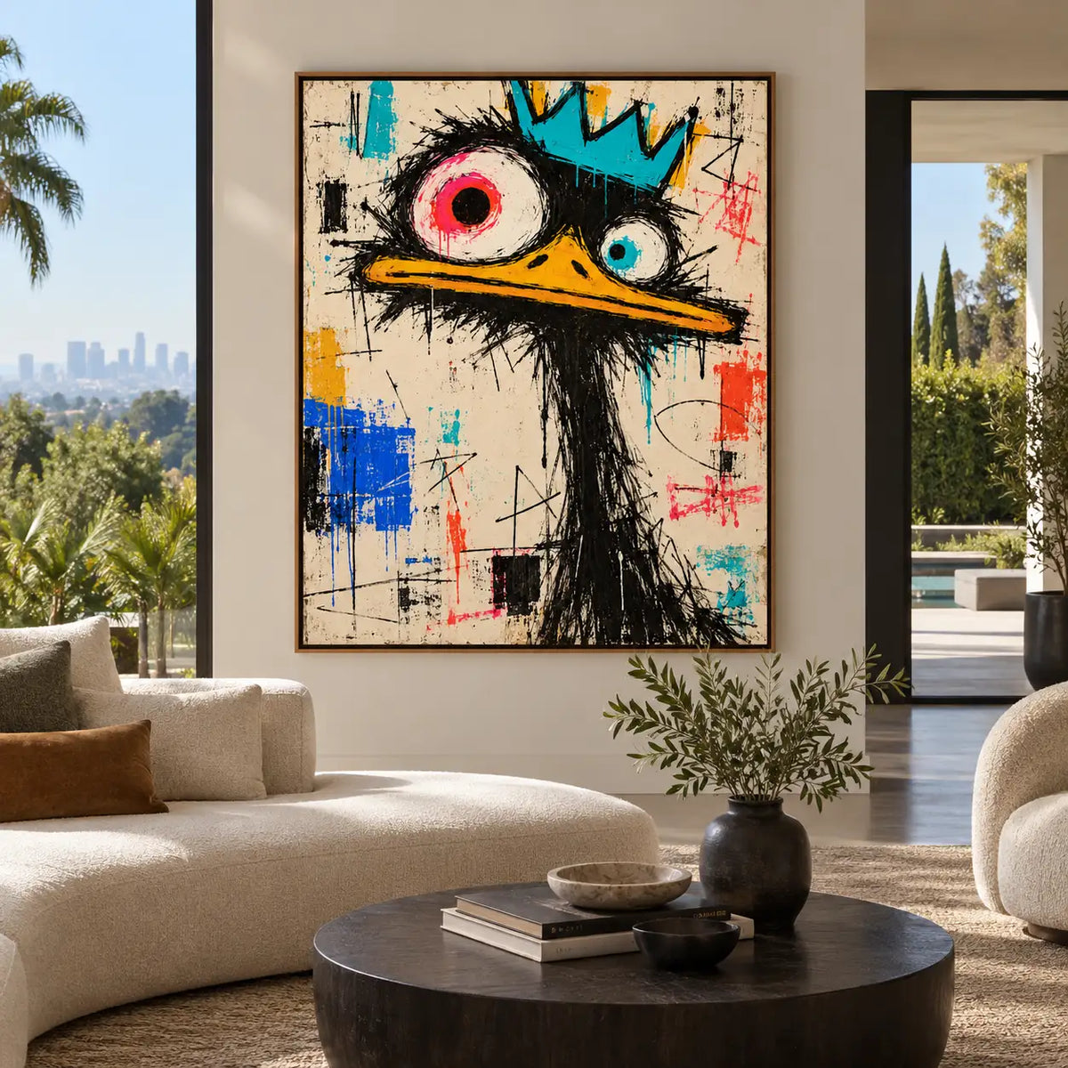 The Bird with Unequal Eyes: artwork above curved cream seating beside a garden view and black round coffee table