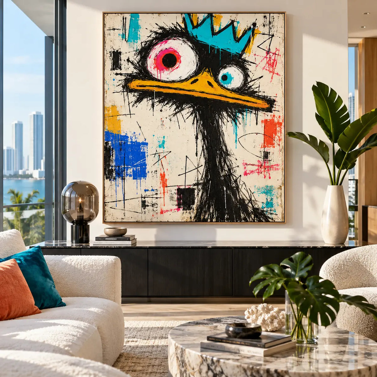 The Bird with Unequal Eyes: artwork above a dark console between tropical foliage and a bright window
