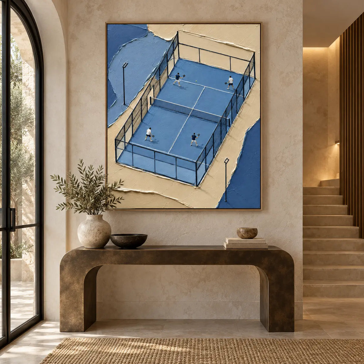 The Blue Court Quartet: above a dark rounded console beside a staircase