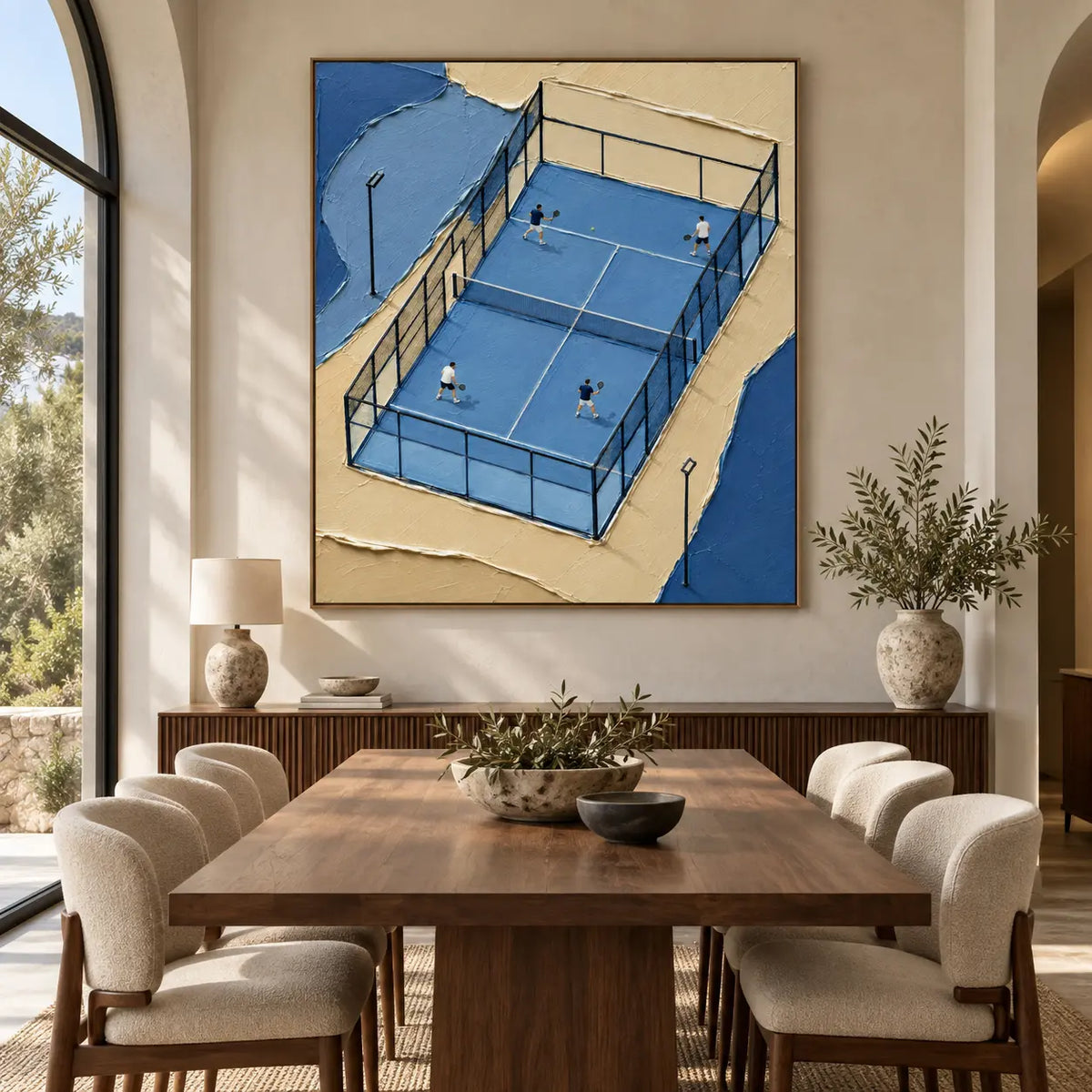 The Blue Court Quartet: above a dining table and six upholstered chairs