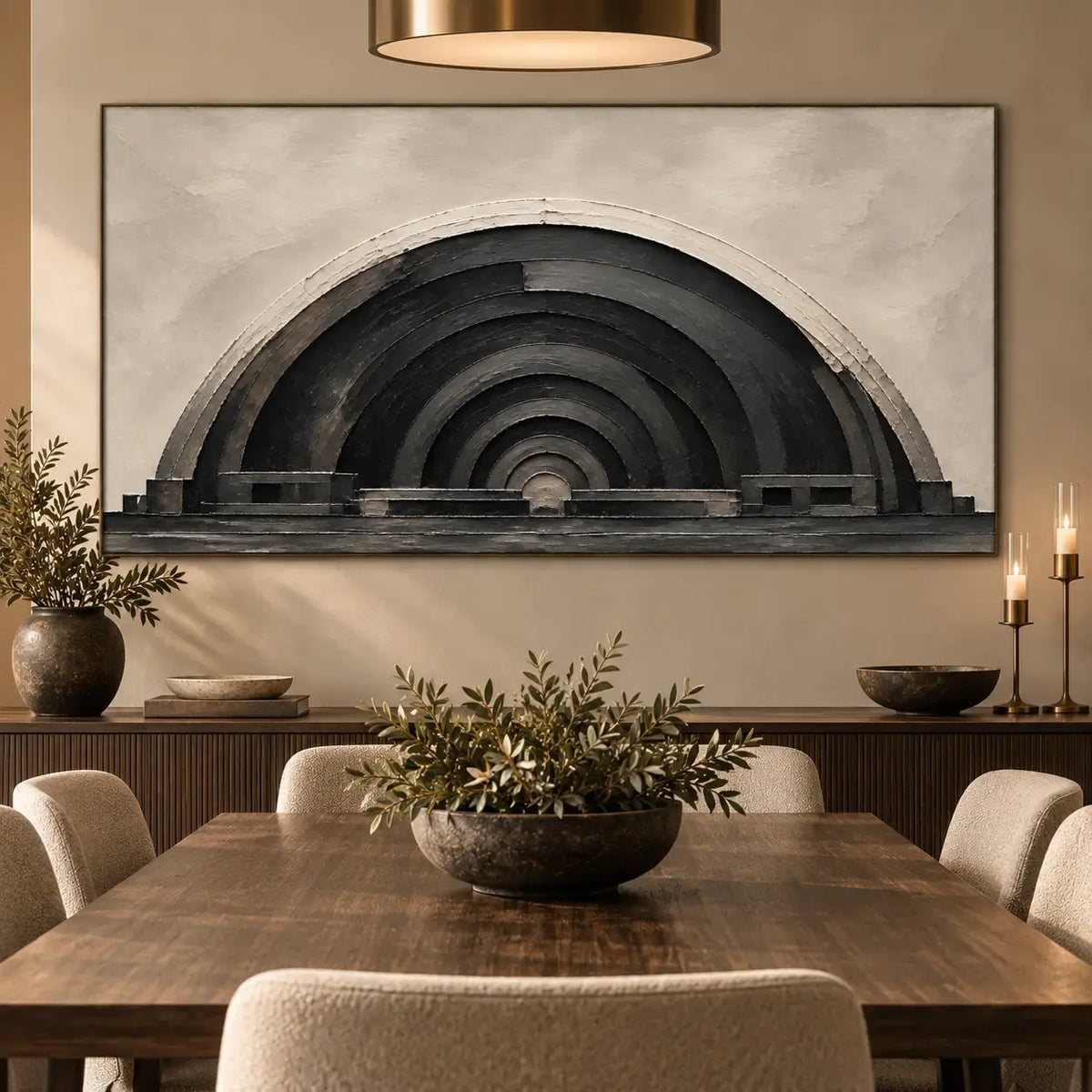 The Charcoal Arcade: above a dining sideboard behind a wood table and cream chairs