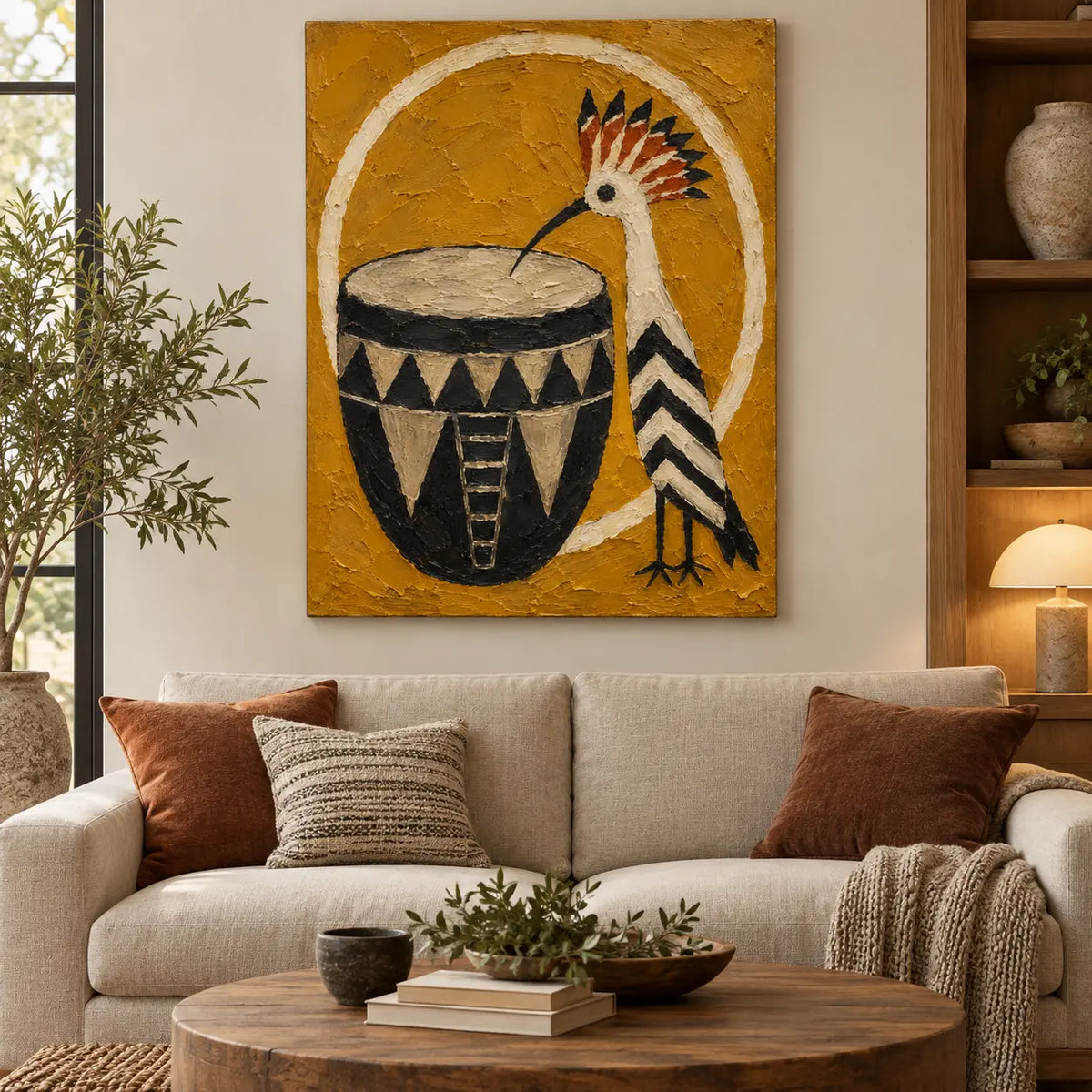 The Crested Drummer: above a cream sofa with two rust cushions and an oval wood table