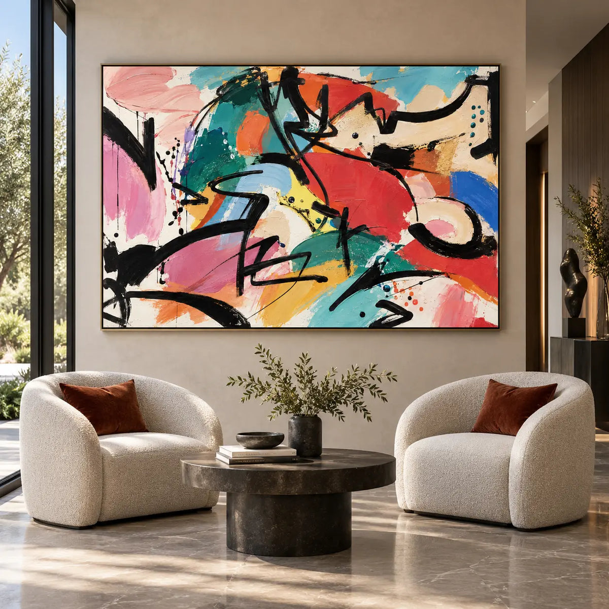 The Curve That Cuts Back: above two rounded white armchairs and a circular dark table