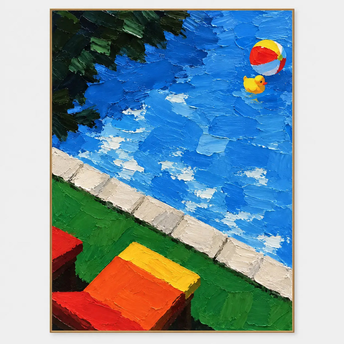 The Duck and the Striped Ball: A yellow toy duck floats near a multicolored ball in blue water