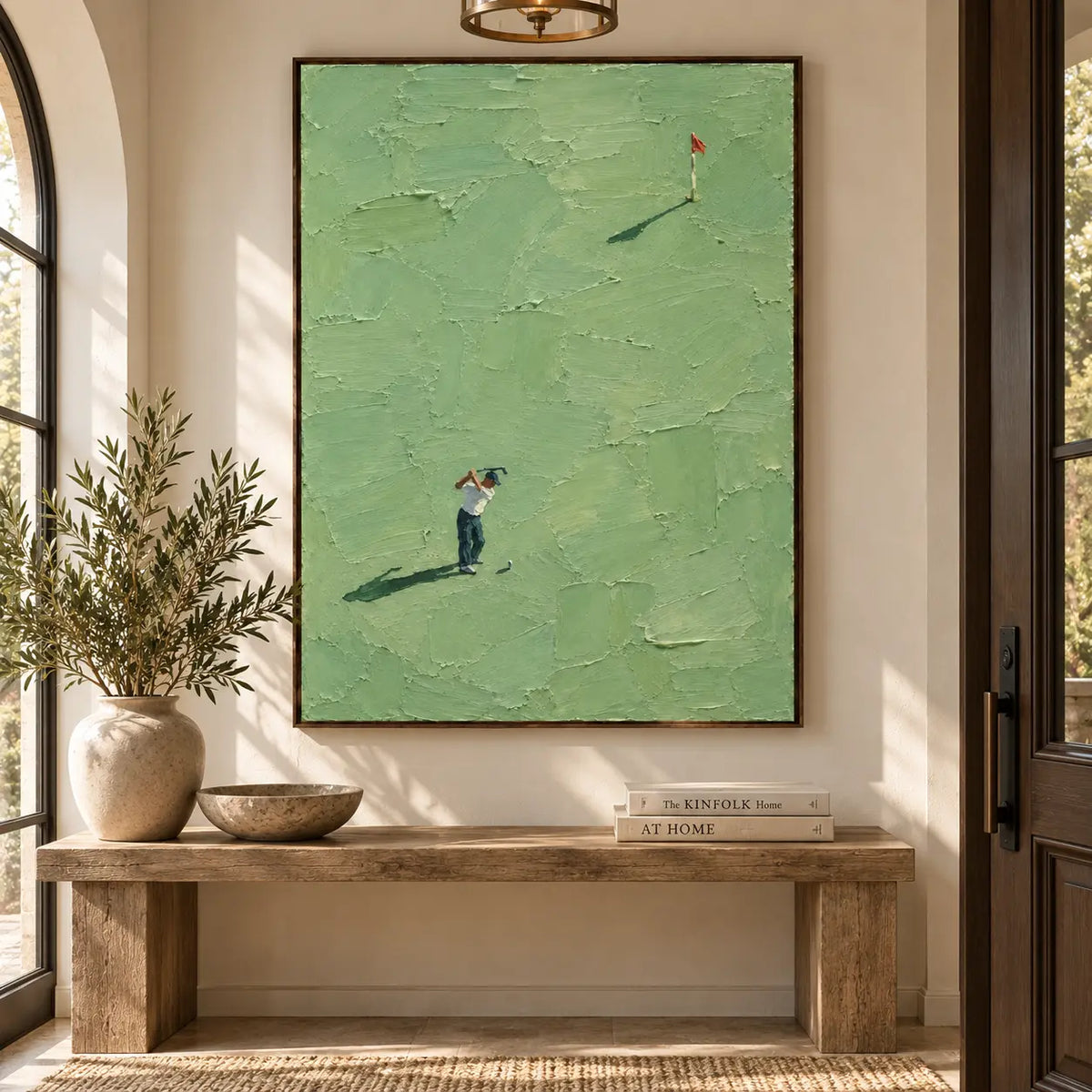 The Flag at a Distance: above a simple wood entry bench between a window and a wooden door