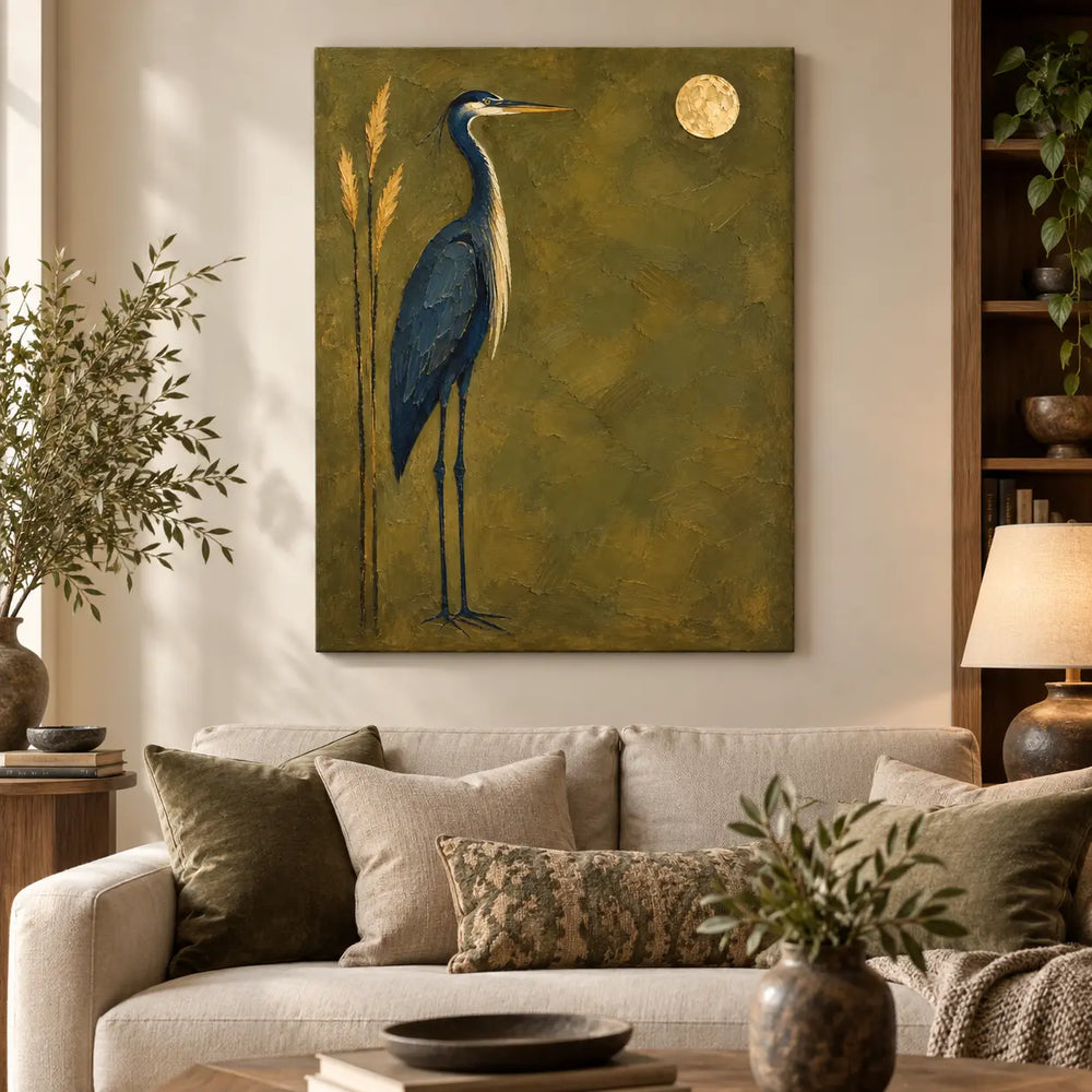 The Heron’s Golden Hour: above a cream sofa with olive and patterned cushions