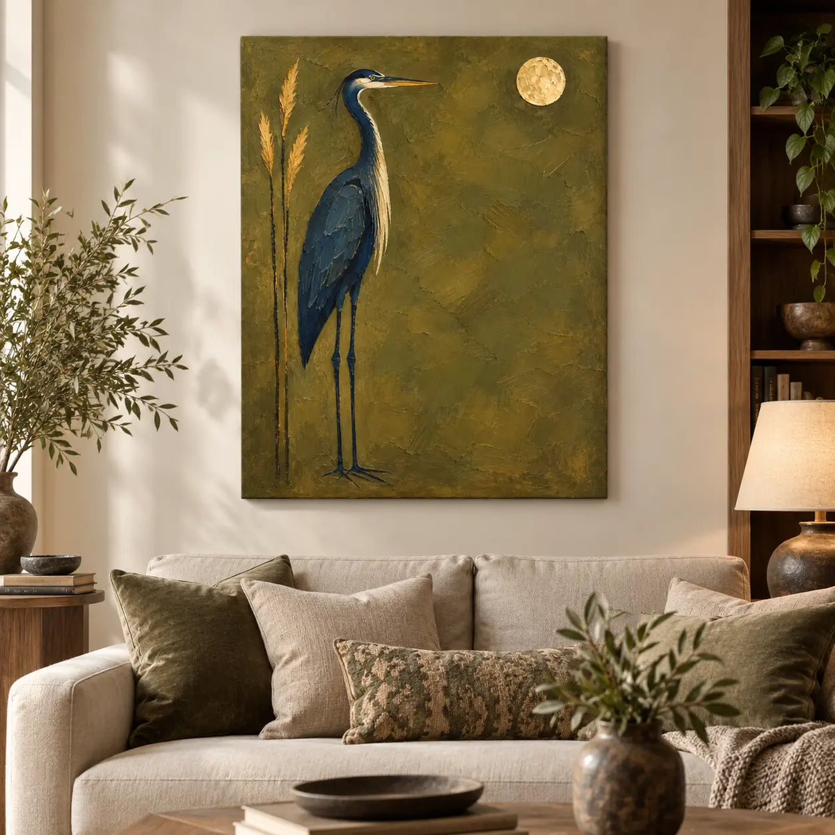 The Heron’s Golden Hour: above a cream sofa with olive and patterned cushions