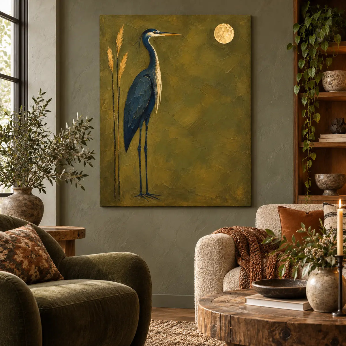 The Heron’s Golden Hour: on a sage wall between olive and cream chairs