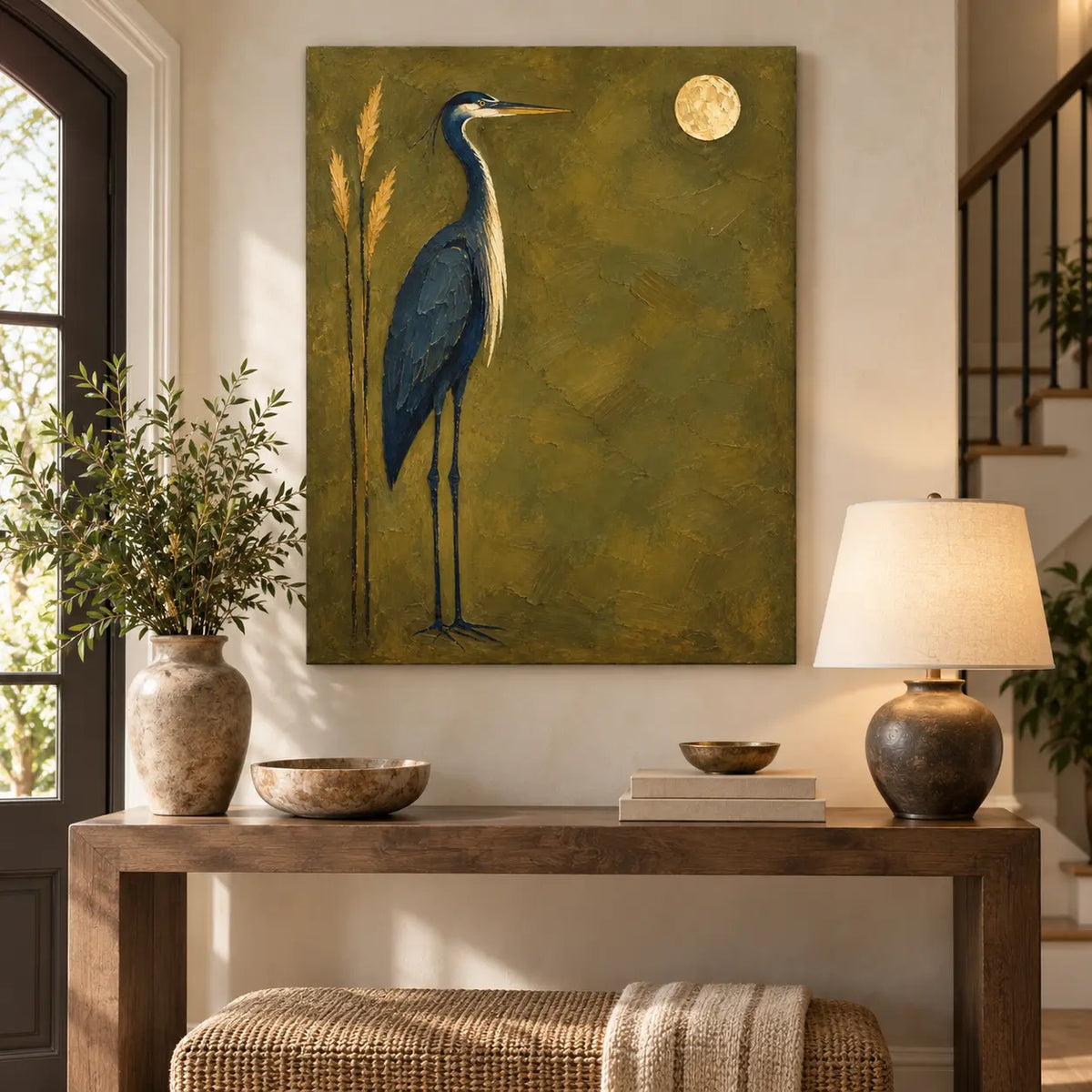 The Heron’s Golden Hour: above an entry console and woven bench beside a staircase