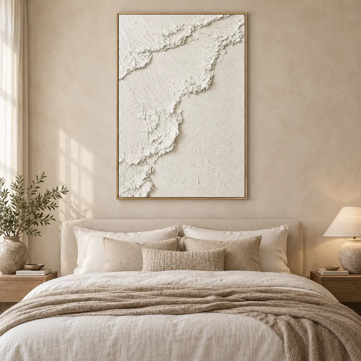 The Ivory Ascent: above a linen bed with layered neutral pillows and wood bedside tables