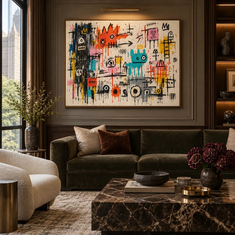 The Little Crowned Assembly: artwork above a green sofa beneath a picture light on dark paneling