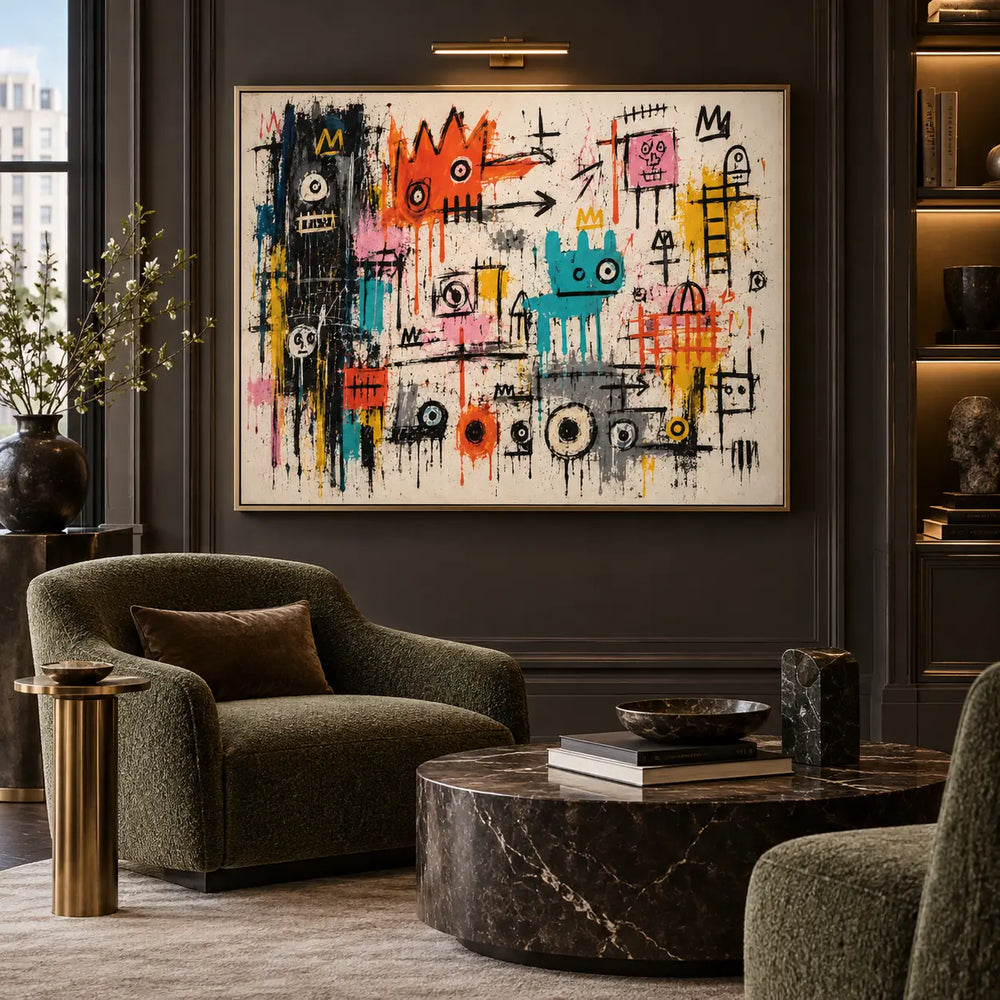 The Little Crowned Assembly: artwork above an olive chair beside a brass floor lamp and dark round table