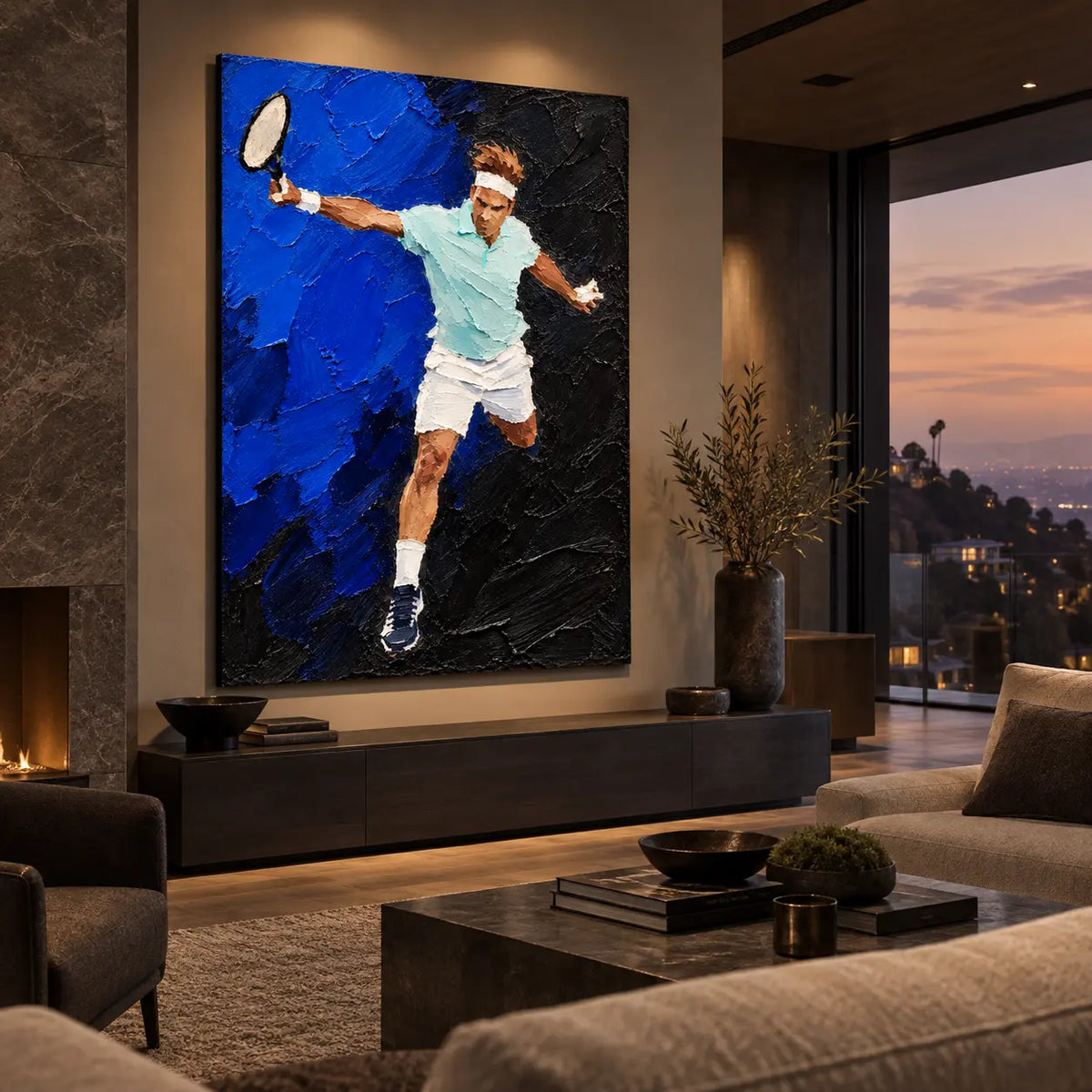 The Reach Across Cobalt: above a low dark console beside a fireplace and sunset window