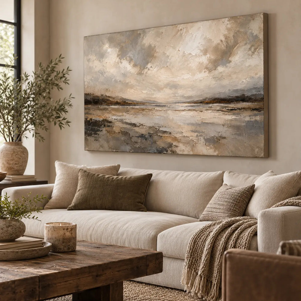 The Shore Beneath the Clouds above a neutral sectional beside a broad window and pale wood table