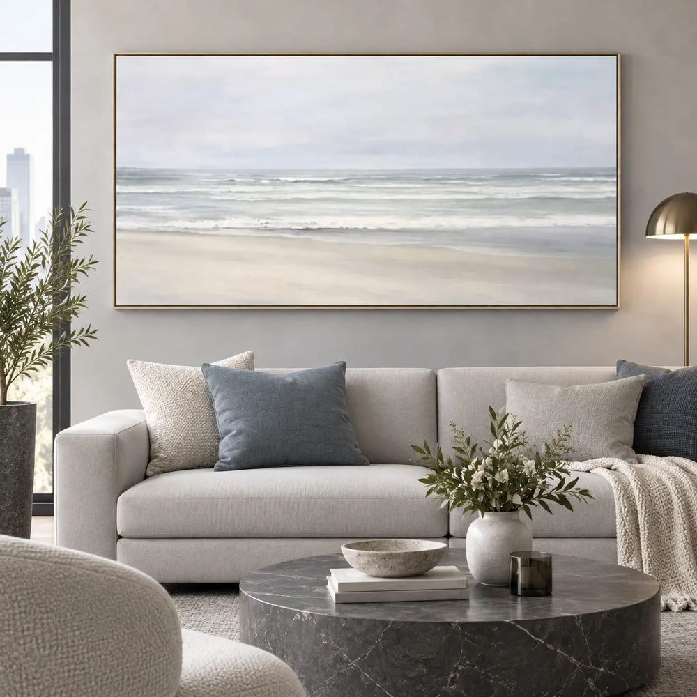 The Shore in Silver Light: over a white sofa with a gray marble coffee table