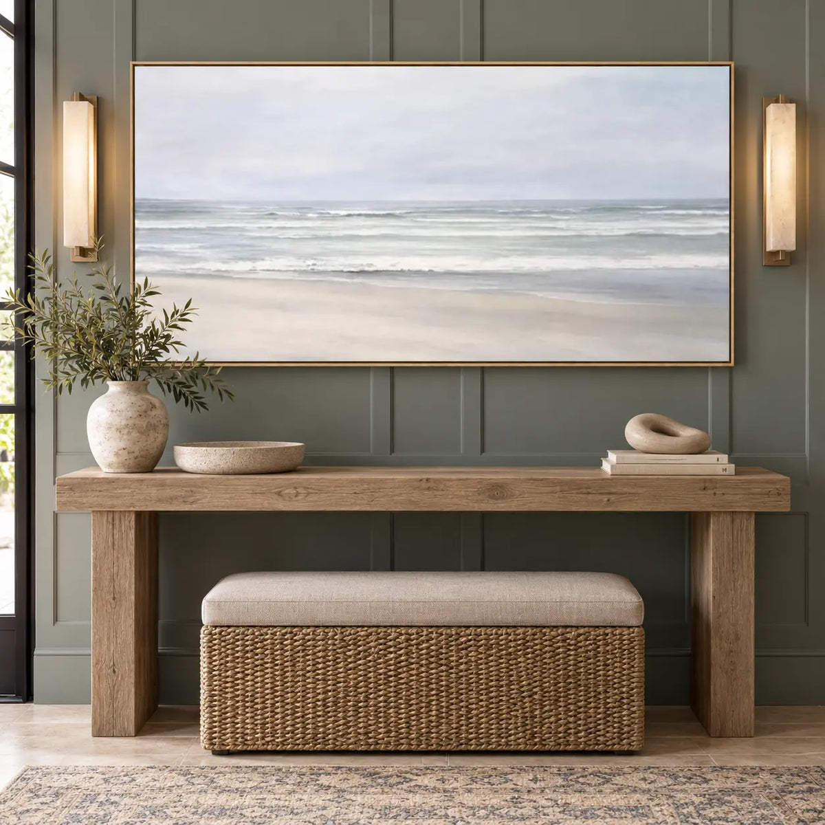 The Shore in Silver Light: above a wooden console against green paneling between wall sconces
