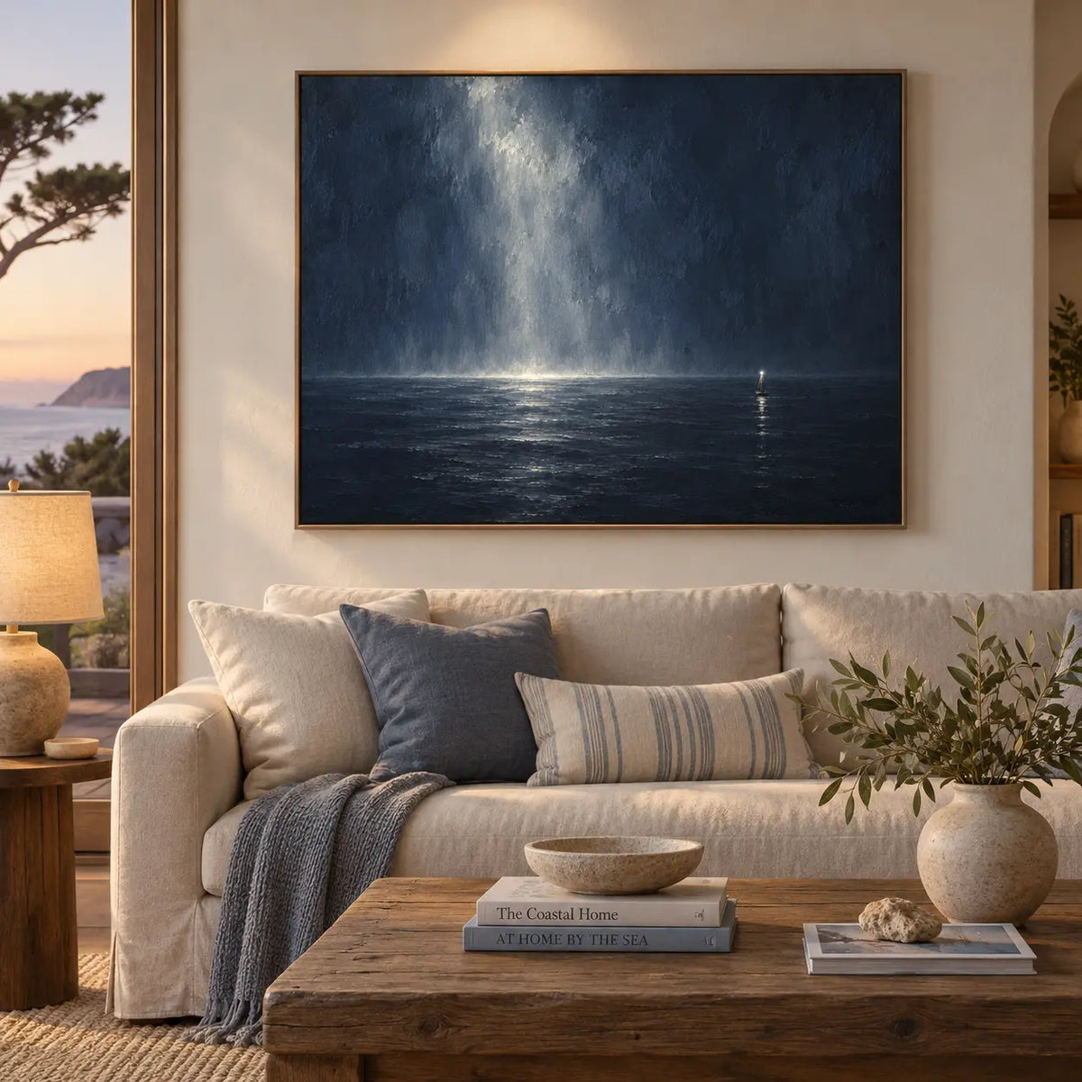 The Small Light Offshore: above a cream sofa with blue cushions beside a sunset coastal view