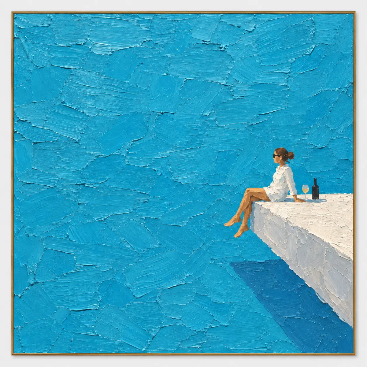 The Solitary Terrace Seat: A white-clad figure sits on a ledge entering from the right with legs hanging