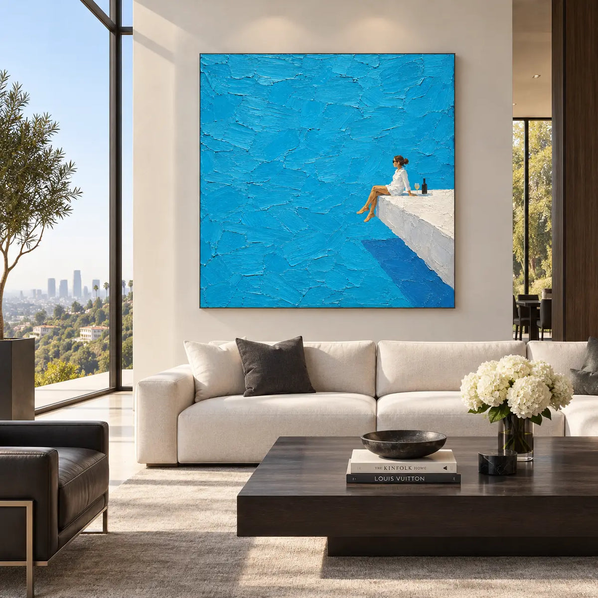 The Solitary Terrace Seat: above a white sectional with a low dark table and tall window