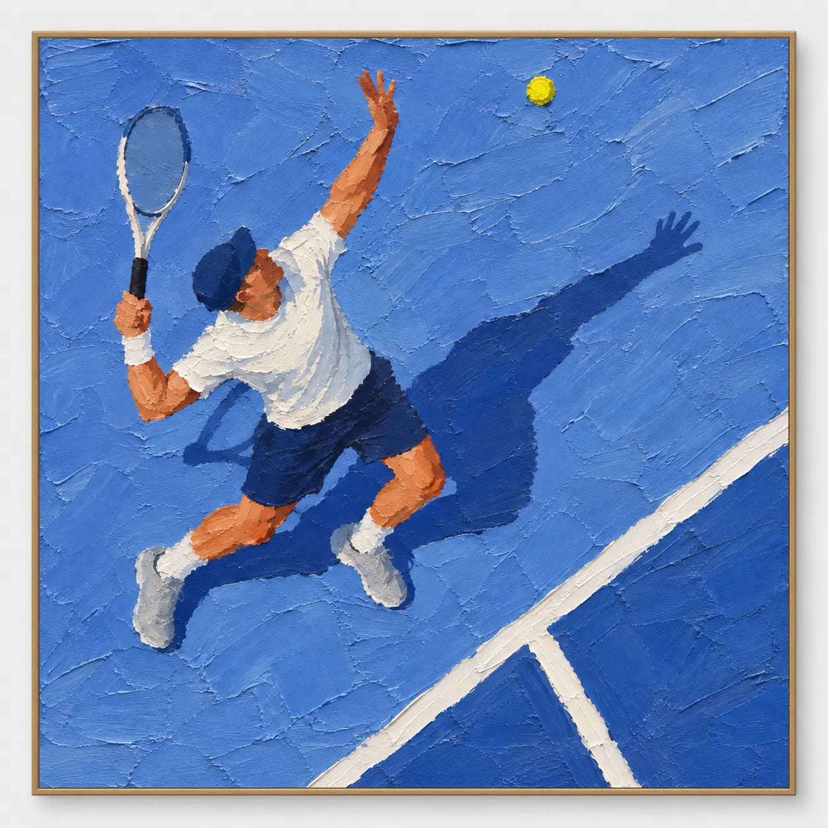 The Toss Before the Serve: An overhead tennis player tossing a yellow ball on a blue court beside a long shadow