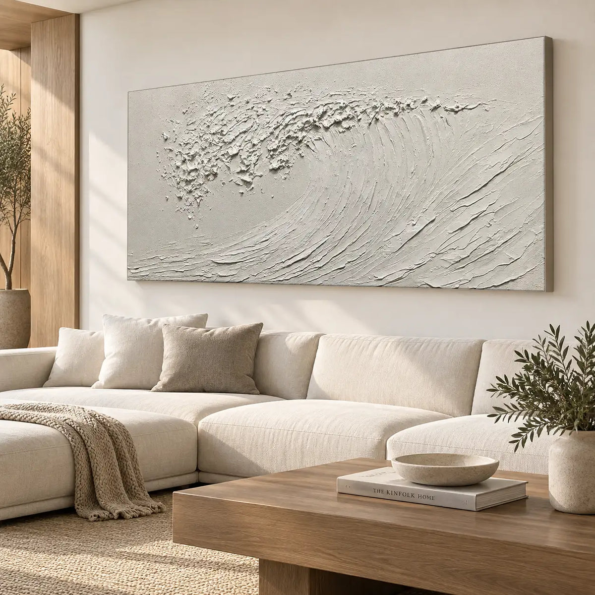 The Uncolored Breaker: above a cream sectional with an oak coffee table