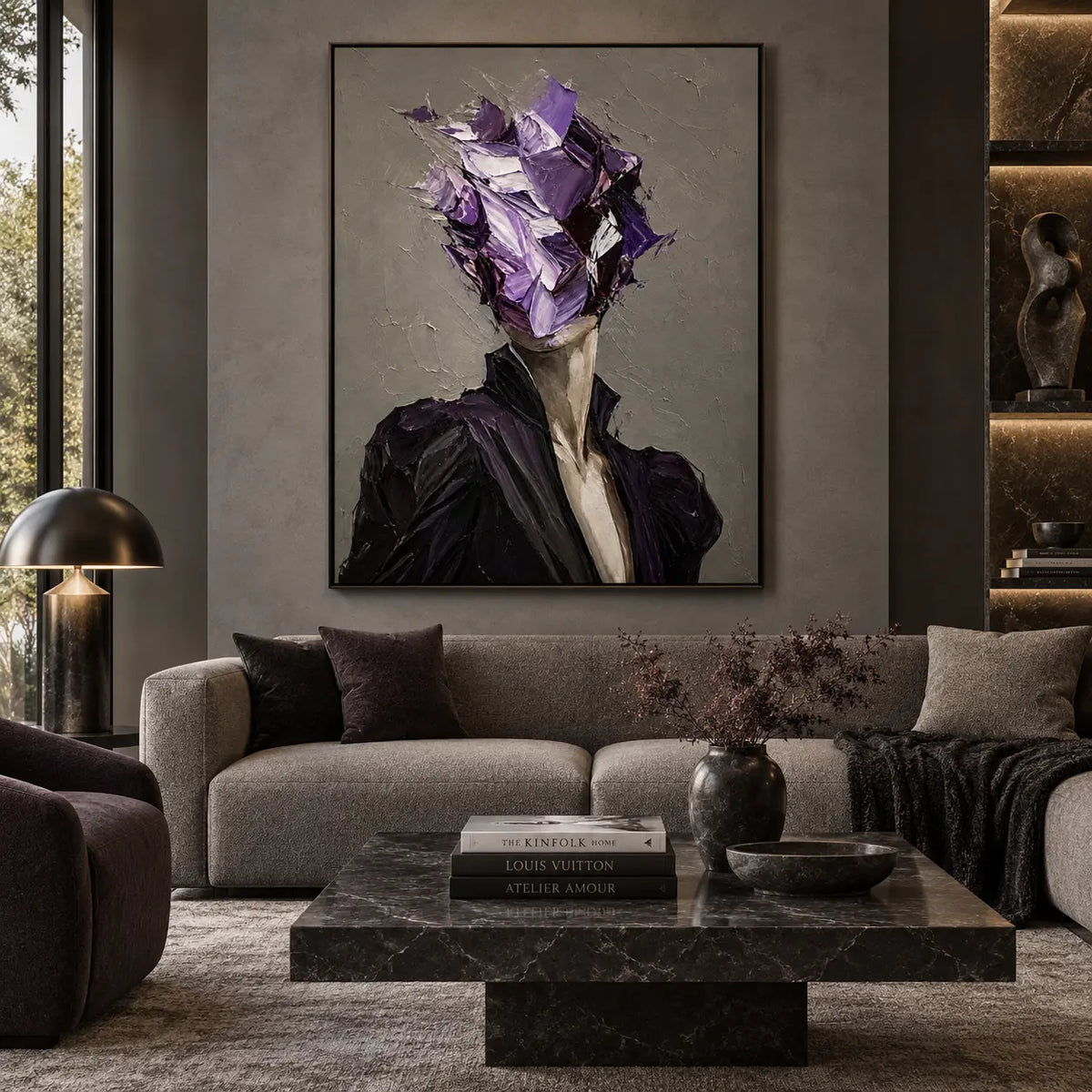 The Violet Unnamed: above a gray sofa and dark marble coffee table beside lit shelves