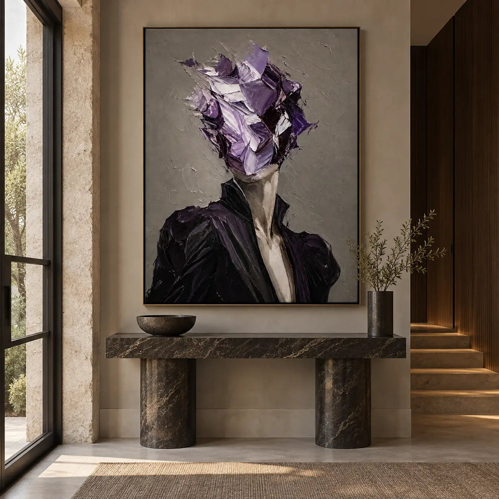 The Violet Unnamed: above a dark stone console beside a sunlit staircase