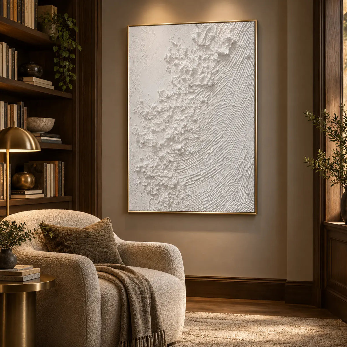 The White Current: beside a boucle reading chair and dark wood bookcase