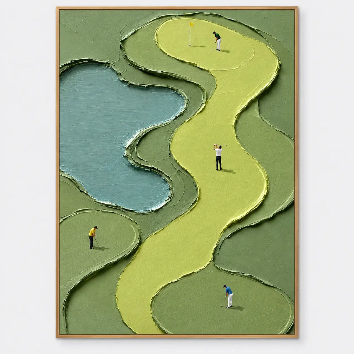 The Winding Fairway Quartet: Winding chartreuse fairway curves from bottom to oval putting green at top