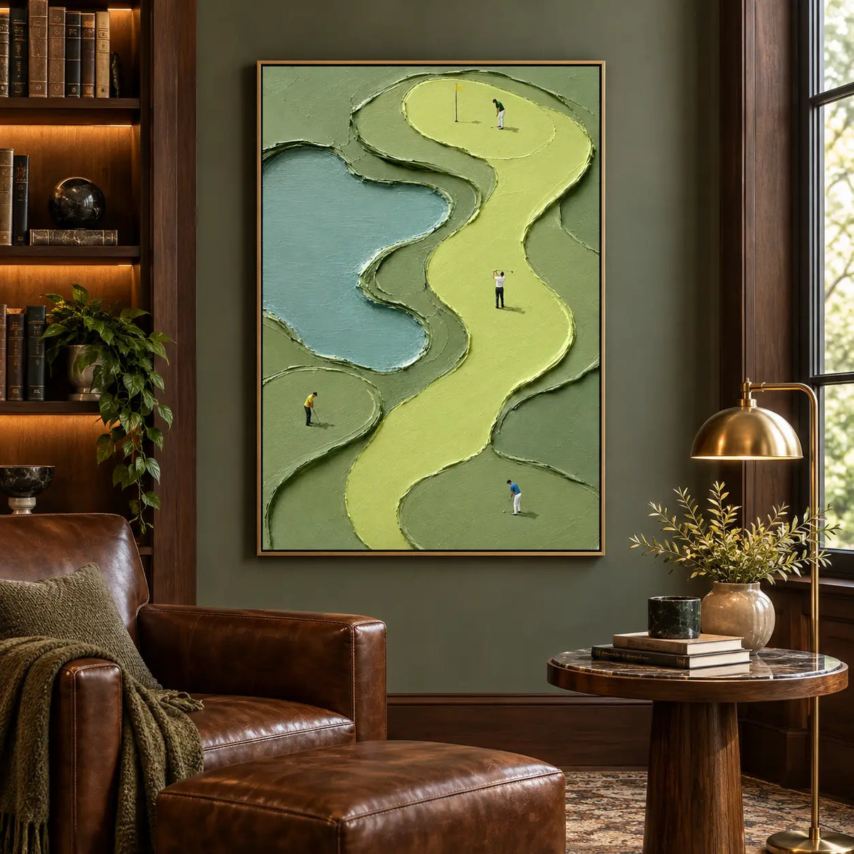 The Winding Fairway Quartet: beside a brown leather reading chair and ottoman under a brass floor lamp