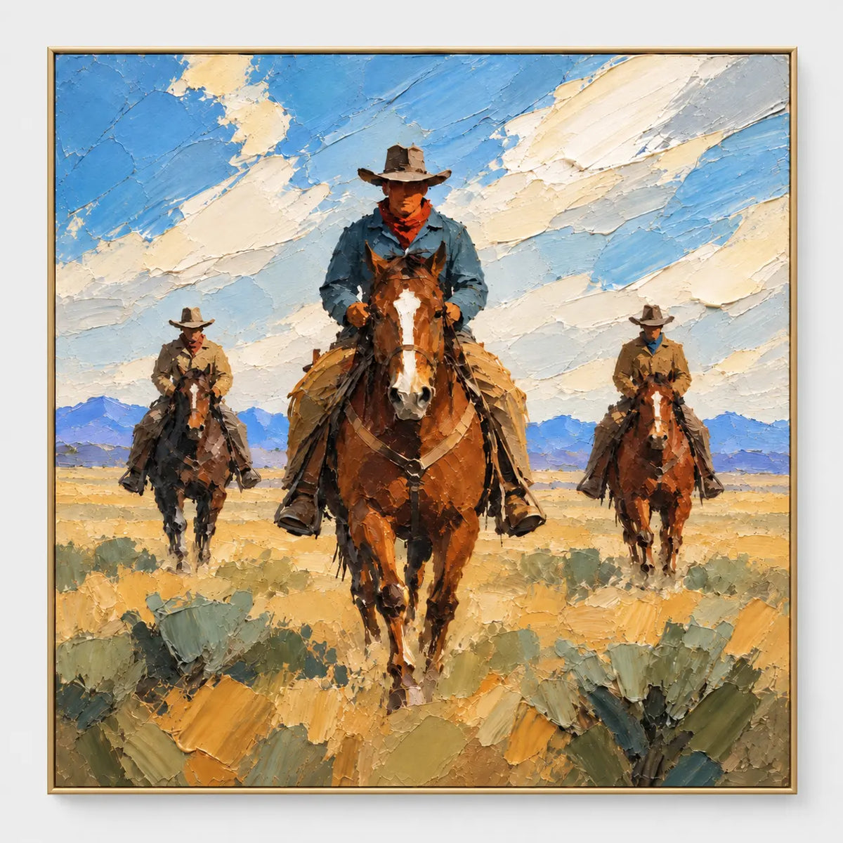 Three Across the Range: Three cowboys approaching across golden grass beneath a blue sky with cream clouds