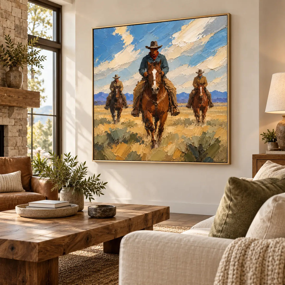 Three Across the Range: angled beside a stone fireplace above a rustic wood coffee table