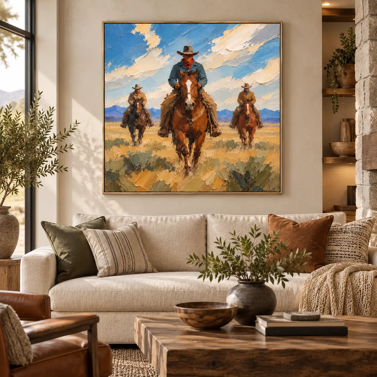 Three Across the Range: above a cream sofa between a black window and stone fireplace