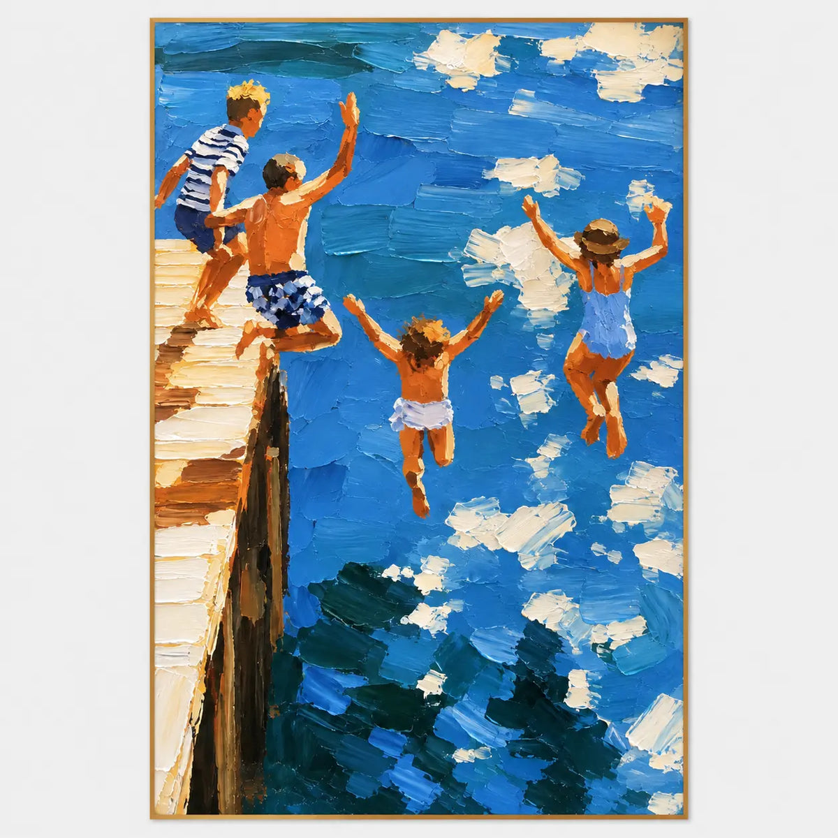Three Leaps from the Pier: Three figures leap toward blue water while a striped-shirt figure stays on the pier