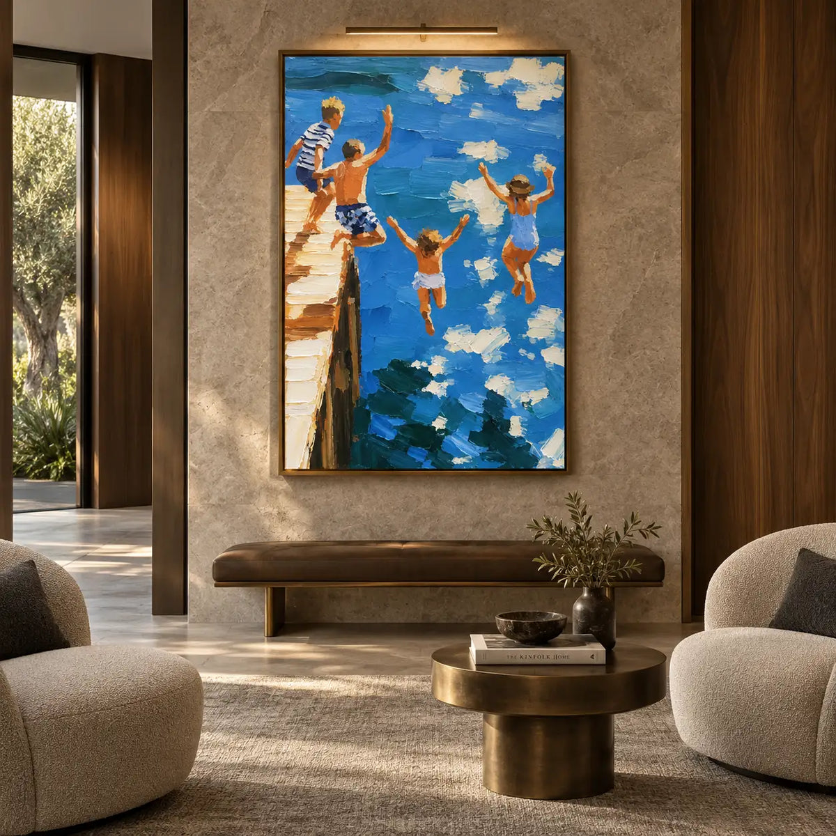 Three Leaps from the Pier: above a narrow upholstered bench beside a tall window