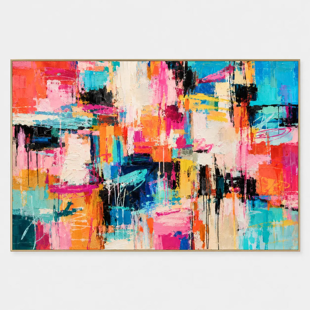 Turquoise Between Bright Blocks: Turquoise and coral rectangles alternate with cream and pink blocks
