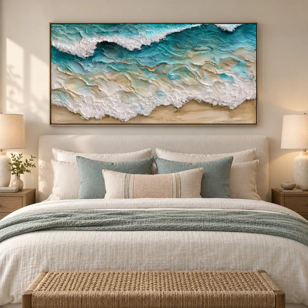 Turquoise Lace Along the Shore: above a white bed with aqua pillows and a woven wood bench