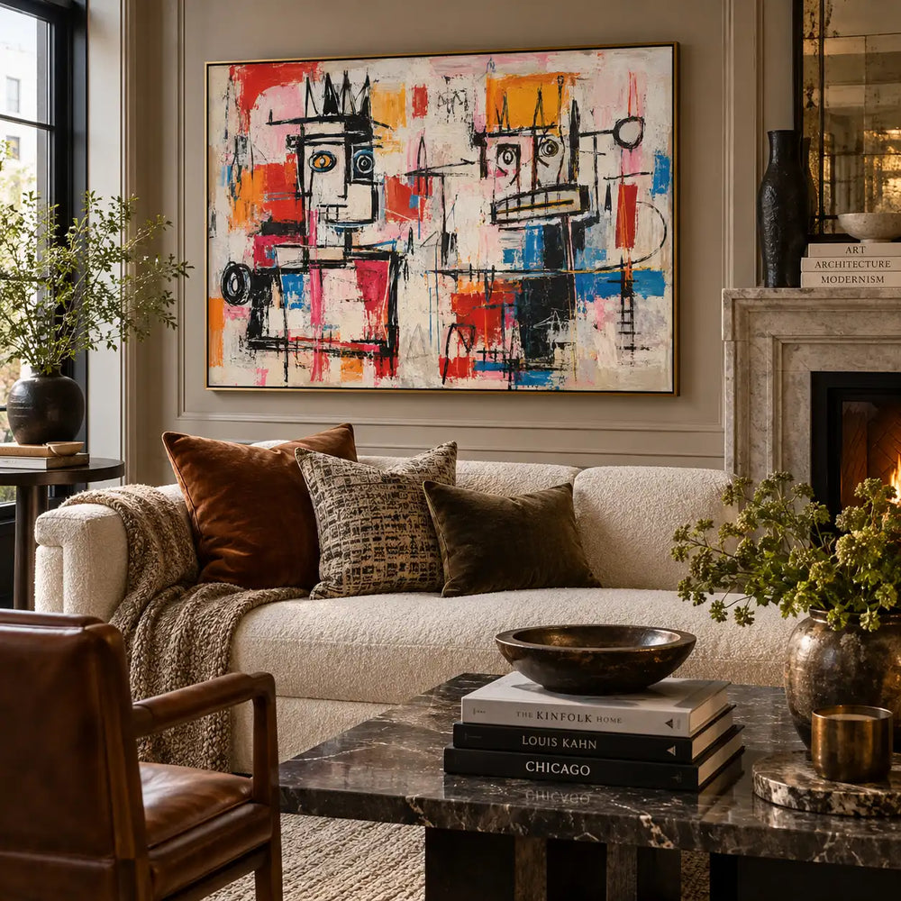 Two Faces Across the Marks: artwork above a cream sofa beside a fireplace and a round dark stone table