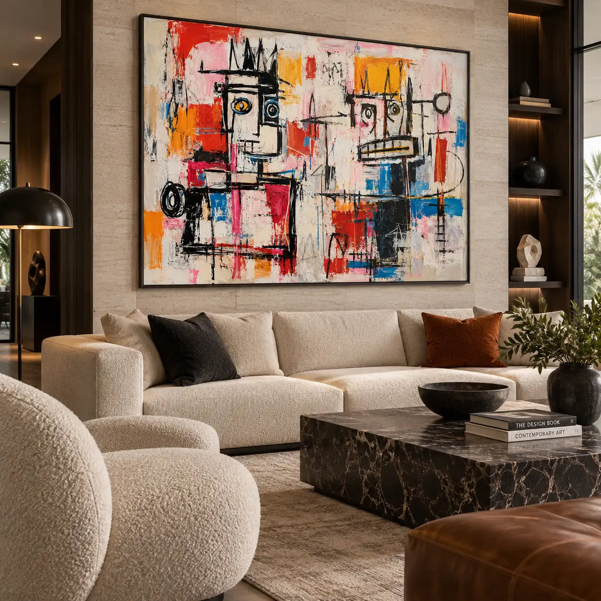 Two Faces Across the Marks: artwork above pale curved seating and nested black marble tables