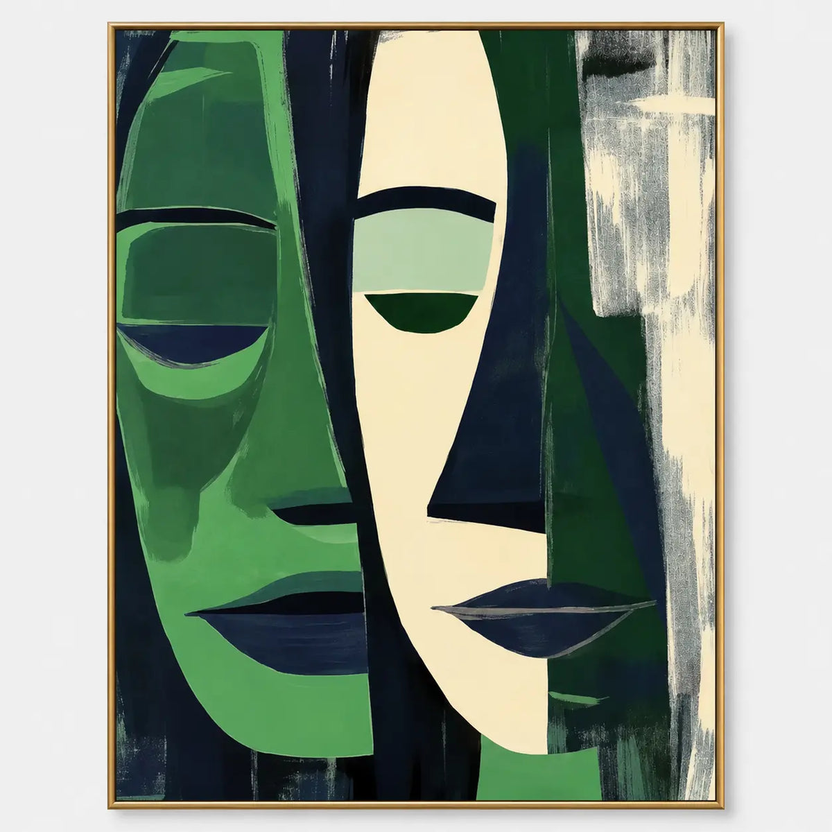 Two Faces in Forest Green: Green and cream angular faces with lowered eyes and dark blue lips