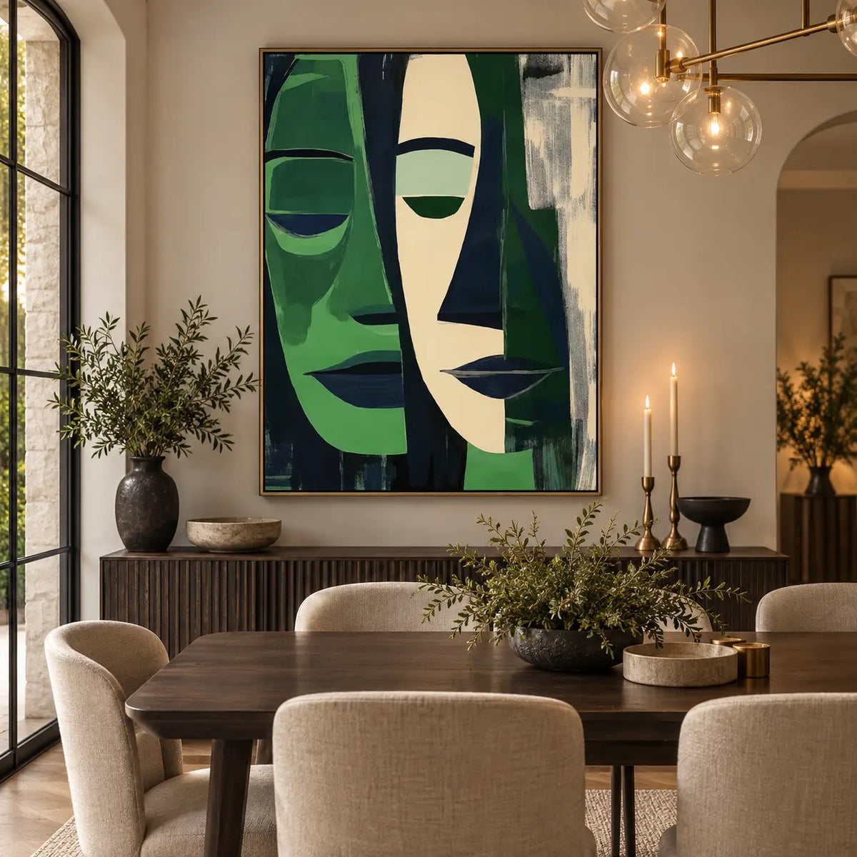 Two Faces in Forest Green: above a fluted dining sideboard with candles beneath glass globe lights