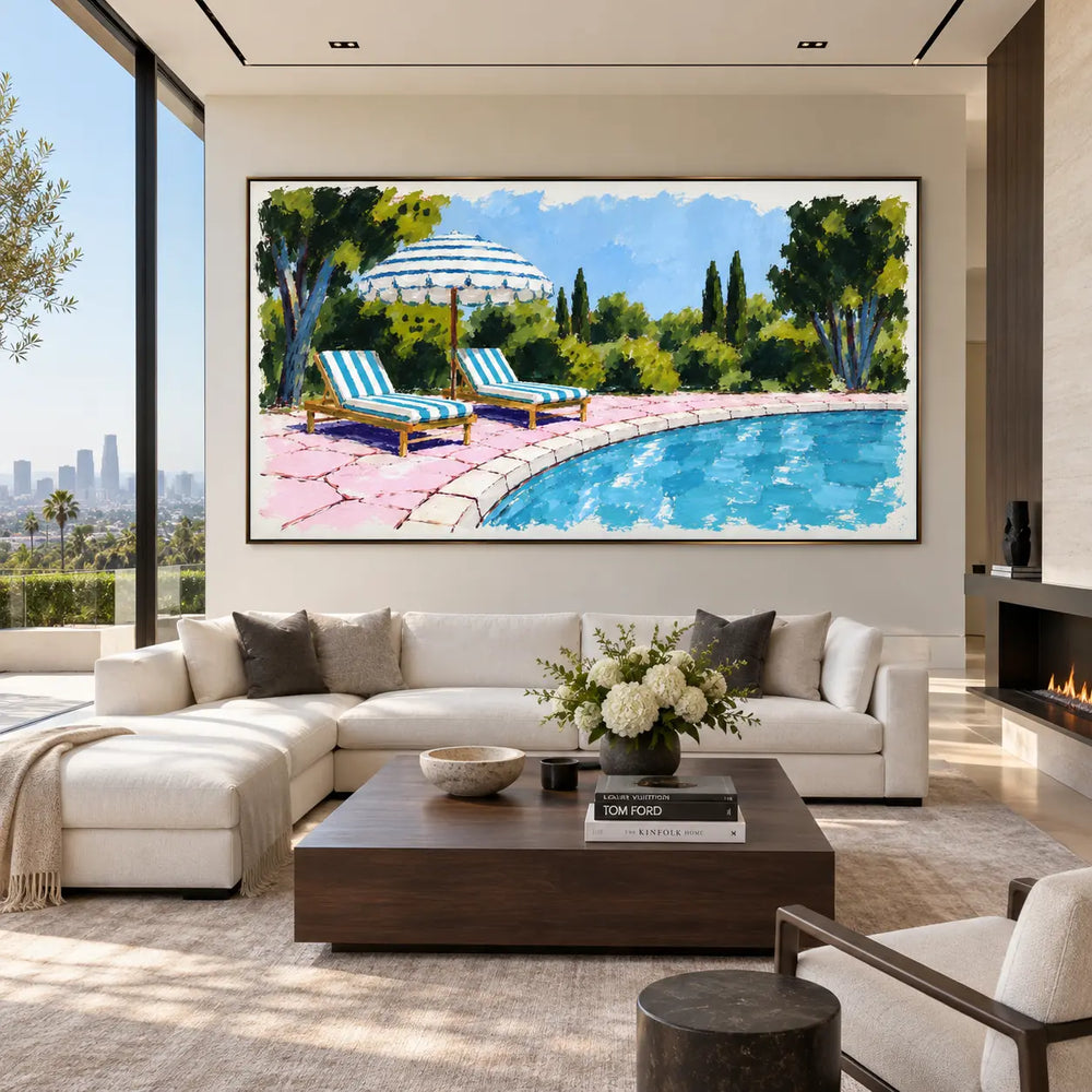 Two Loungers on Rose Stone: above a white sectional with a wood-and-stone table beside a fireplace