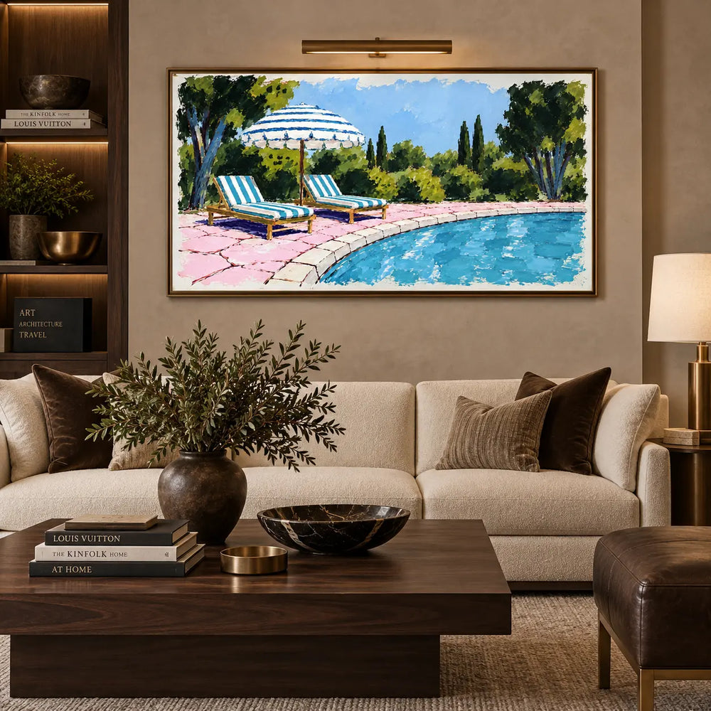 Two Loungers on Rose Stone: above a cream sofa with brown cushions and a dark wooden table