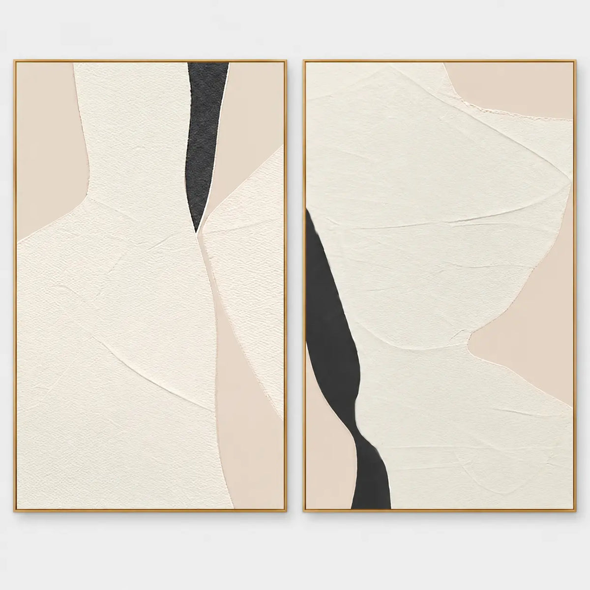 Two Openings in Cream: Two cream panels hold organic folds around narrow contrasting black openings