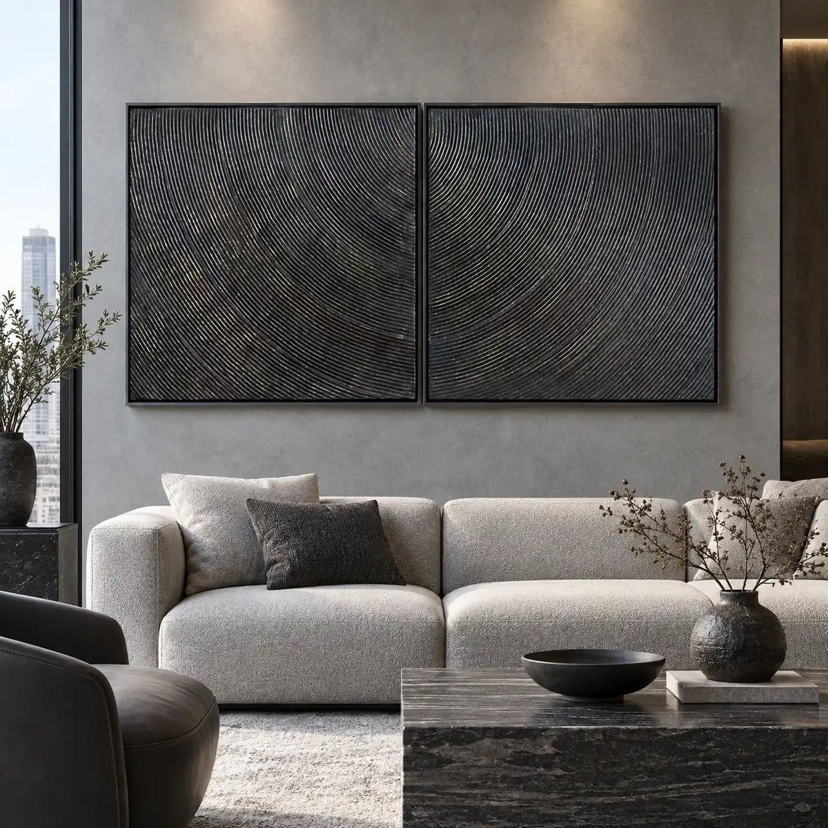 Two Rhythms in Charcoal: paired above a white sofa with a rectangular marble block table