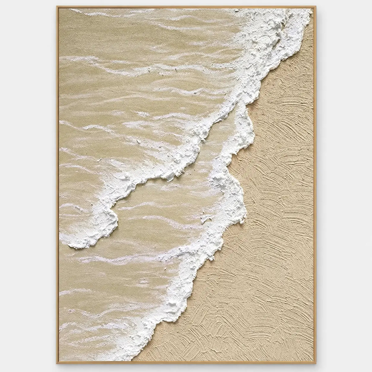 Two Tides on Pale Sand: Two white foam edges sweep diagonally across beige sand and fine ripple lines