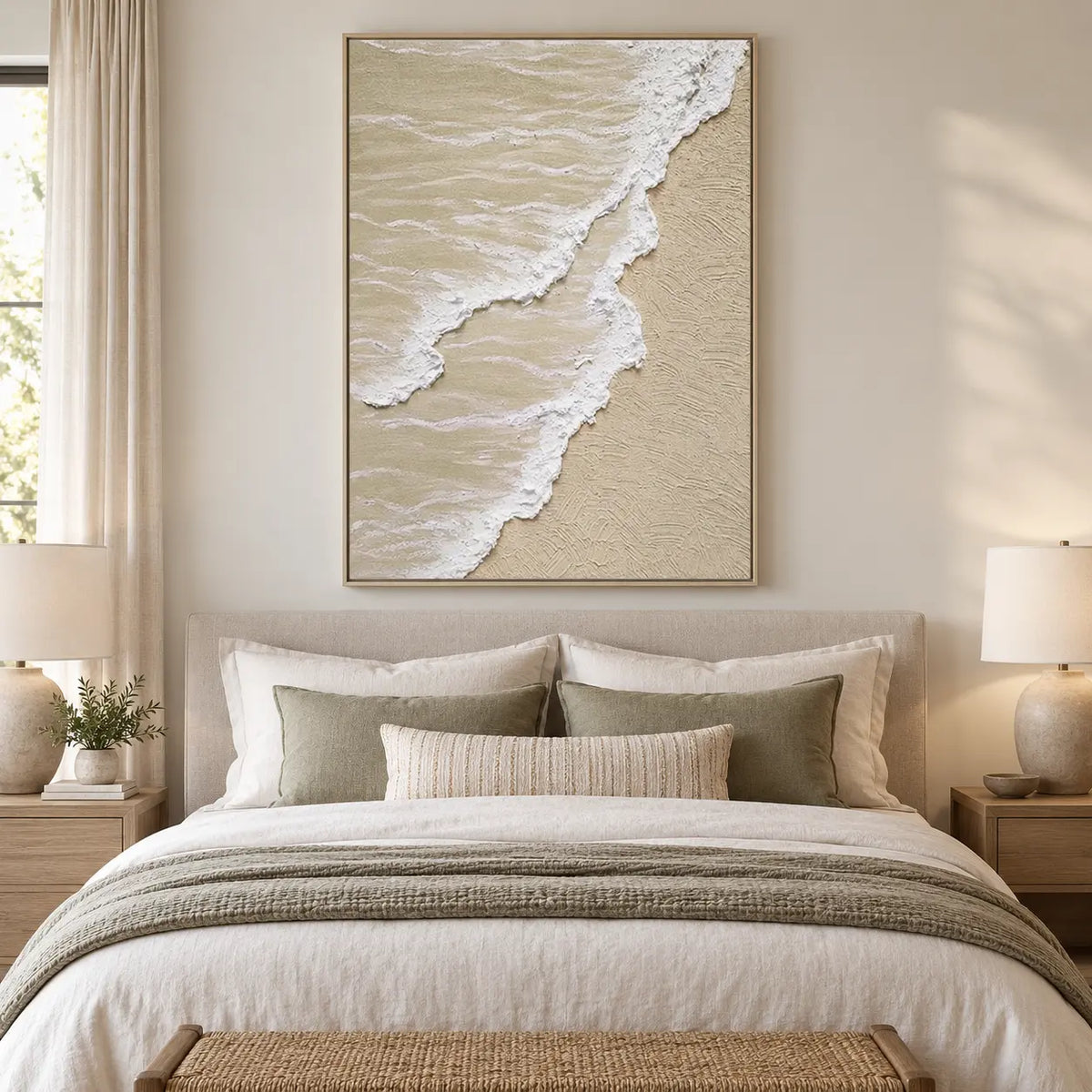 Two Tides on Pale Sand: above a white bed with sage pillows and paired ceramic lamps
