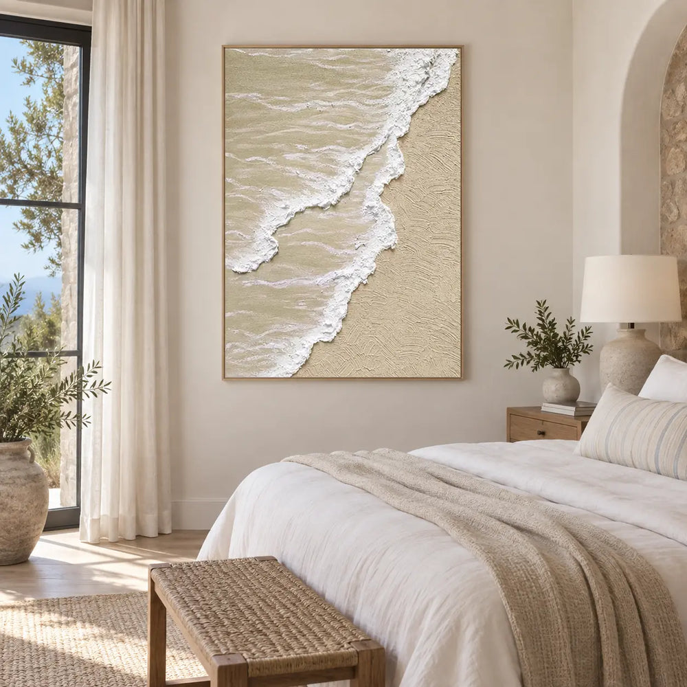 Two Tides on Pale Sand: beside a white bed and woven bench near a tall window